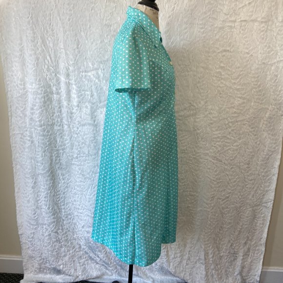 Vintage 60’s Retro Teal Polka Dot Print Abstract Belted Midi Dress Frock - Picture 12 of 14